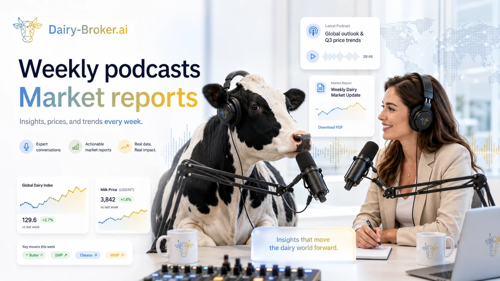 Dairy-Broker.ai weekly podcasts and market reports: the latest episode, a weekly dairy market update PDF, the global dairy index and milk price, and the week's key movers.