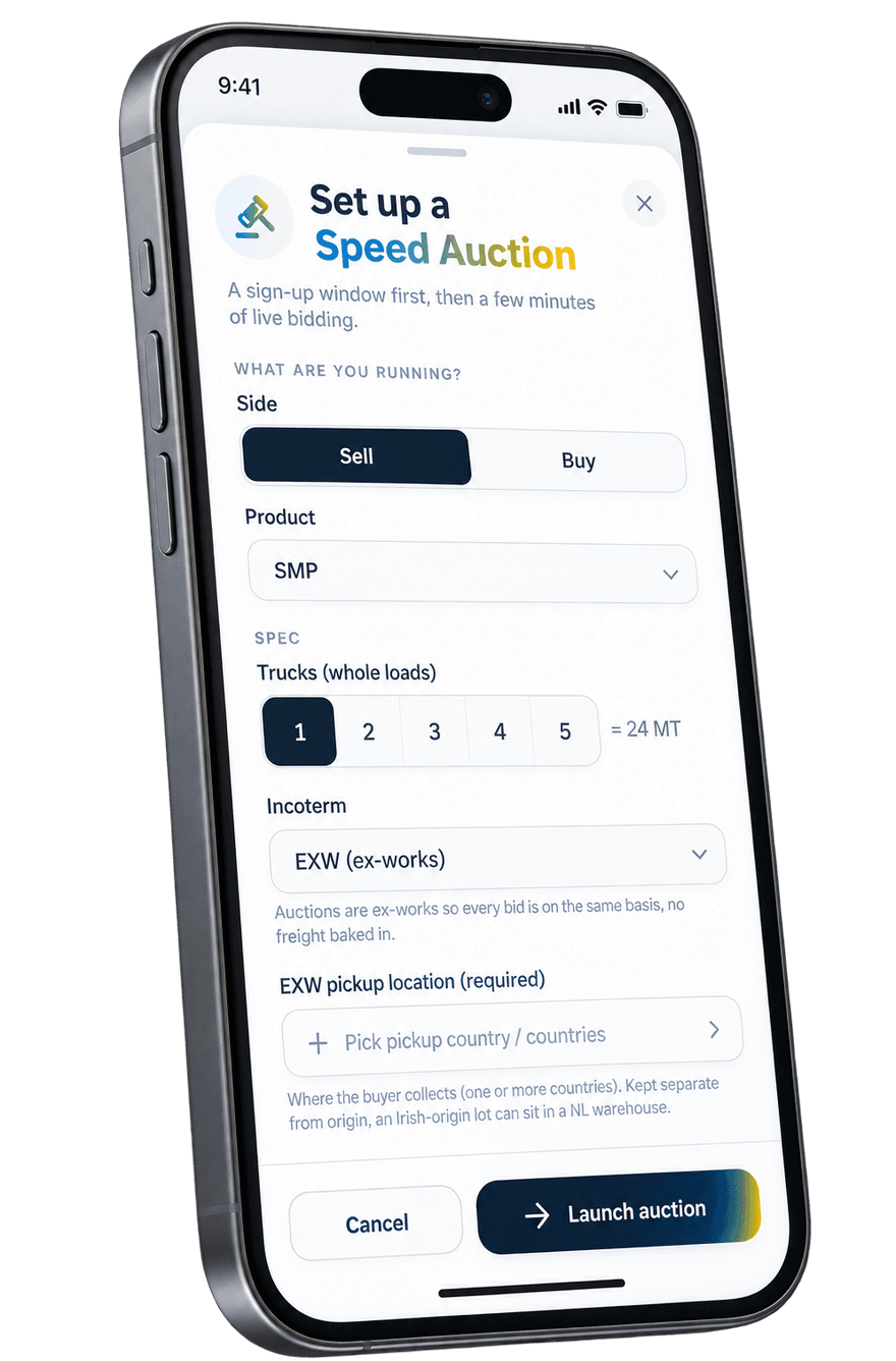 iPhone showing the Set up a Speed Auction flow: side sell or buy, product SMP, one to five whole loads, EXW incoterm and pickup country, launch auction.