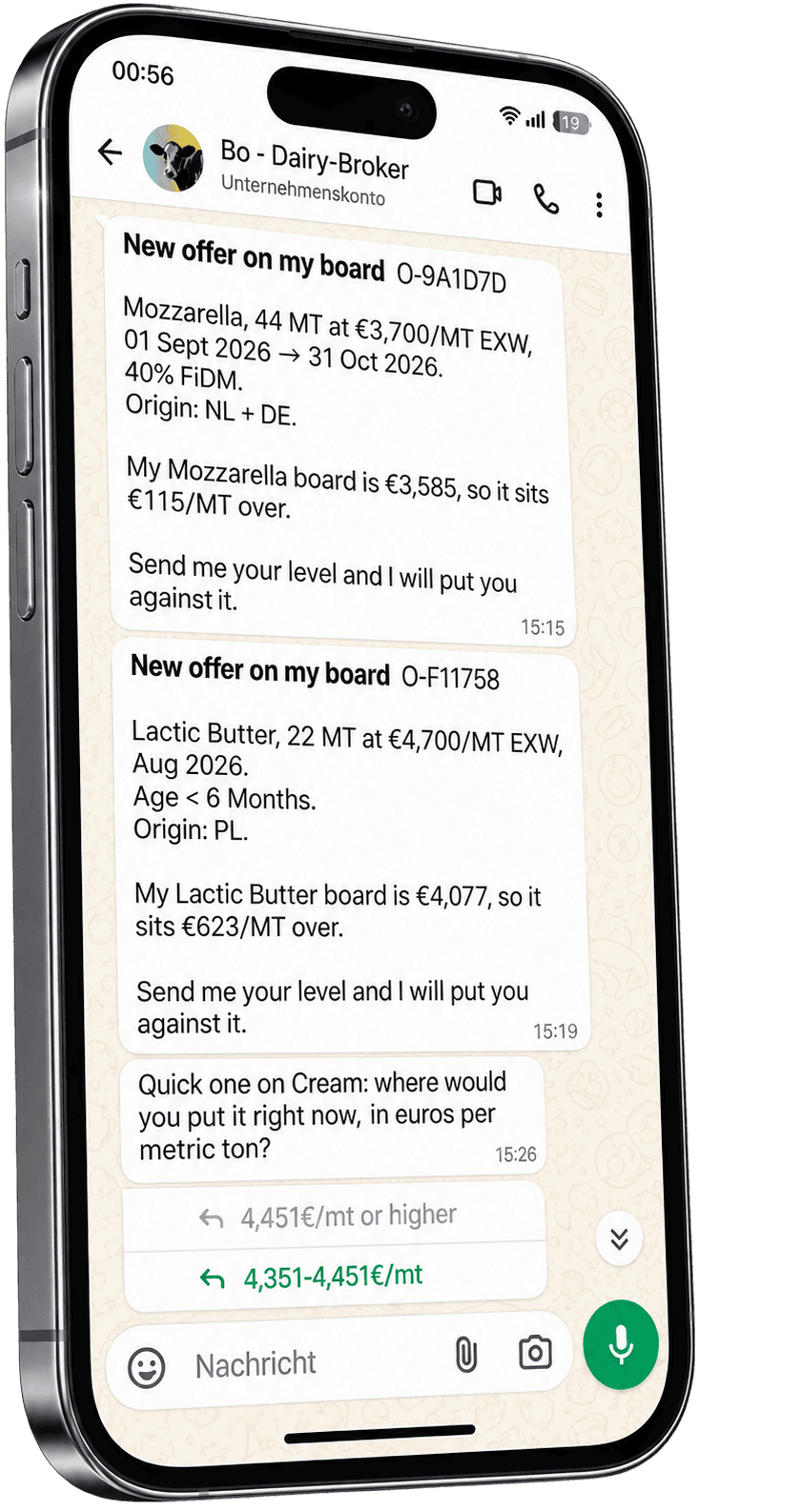 iPhone showing Bo on WhatsApp: two new board offers (mozzarella and lactic butter) with Bo's board comparison, and a cream price question answered in chat.
