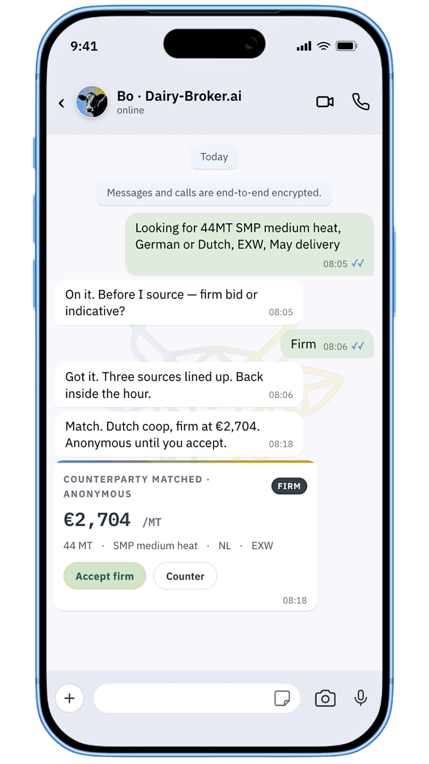 iPhone showing Bo on WhatsApp: searching 44 MT SMP, matching a Dutch coop at 2,704/MT, trade locked, anonymous until accept.